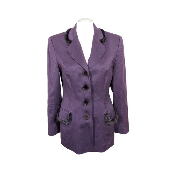 MILLE and UNE Paris Vintage Wool Blend Fur Trim Blazer Jacket Womens US 10 Plum - Picture 1 of 12